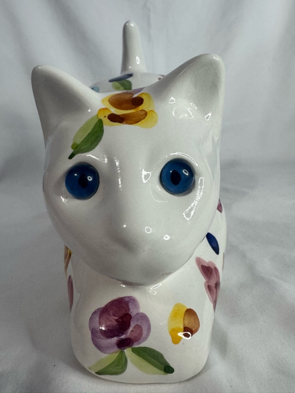 Vintage Floral Cat 10" Figurine Hand Painted Bright Blue Eyes Portugal Pottery - Picture 3 of 14
